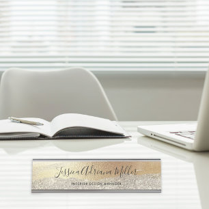 Modern Gold Diamond Glitter Faux Foil Luxury Glam Desk Name Plate