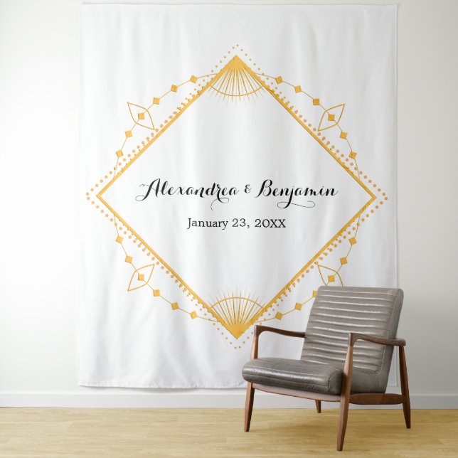 Modern Gold Diamond Wedding Photo Booth Backdrop Tapestry (In Situ)