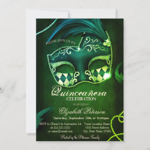 Modern Gold Diamonds Masquerade Green Quinceañera Invitation