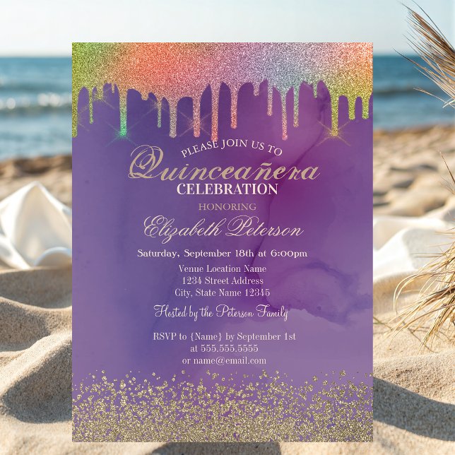 Modern Gold Diamonds Rainbow Drips Quinceañera  Invitation (Creator Uploaded)