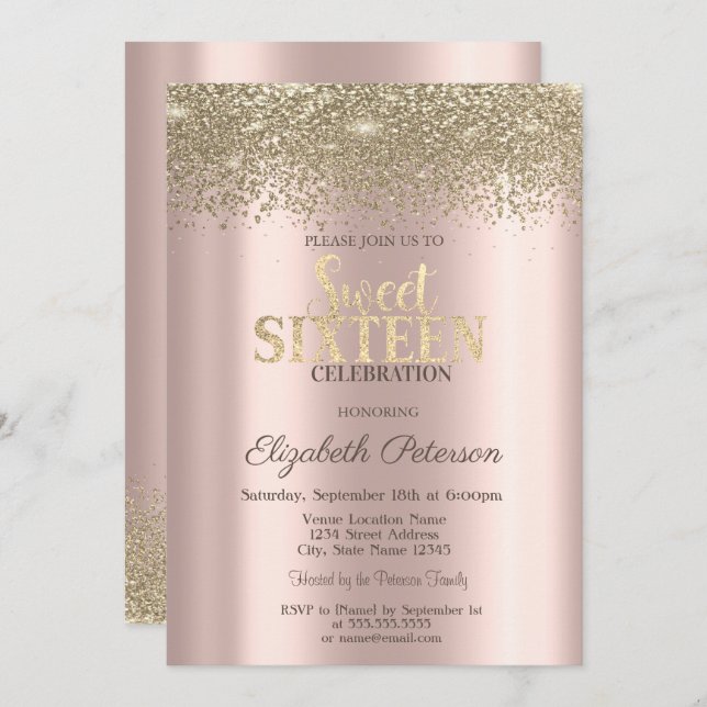 Modern Gold Diamonds Rose Gold  Sweet 16 Invitation (Front/Back)