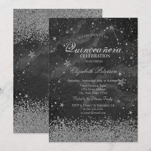 Modern Gold Diamonds Stars Grey Quinceañera Invitation