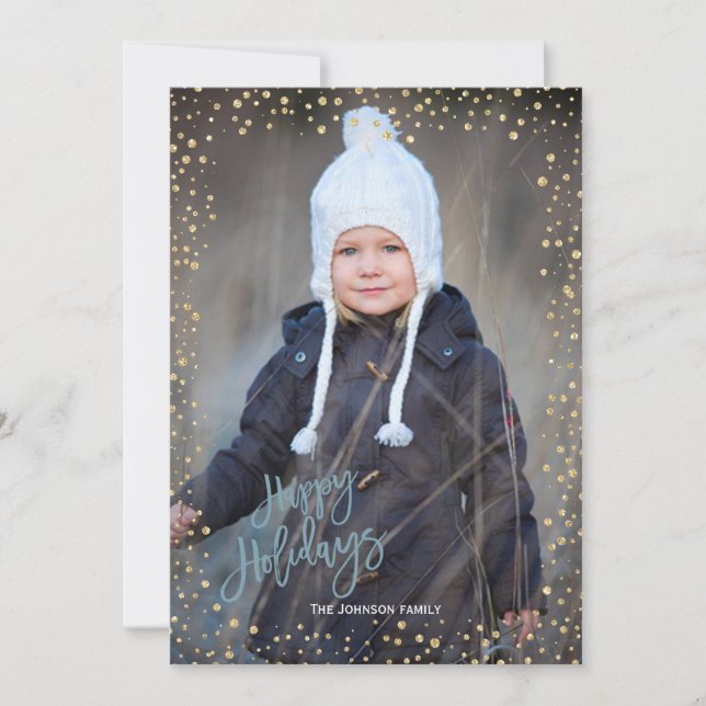 Modern gold dot with blue lettering Happy Holidays Holiday Card (Front)
