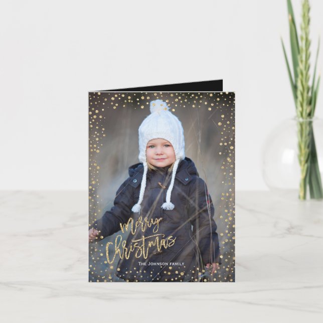 Modern gold dot with gold lettering Christmas Holiday Card (Front)