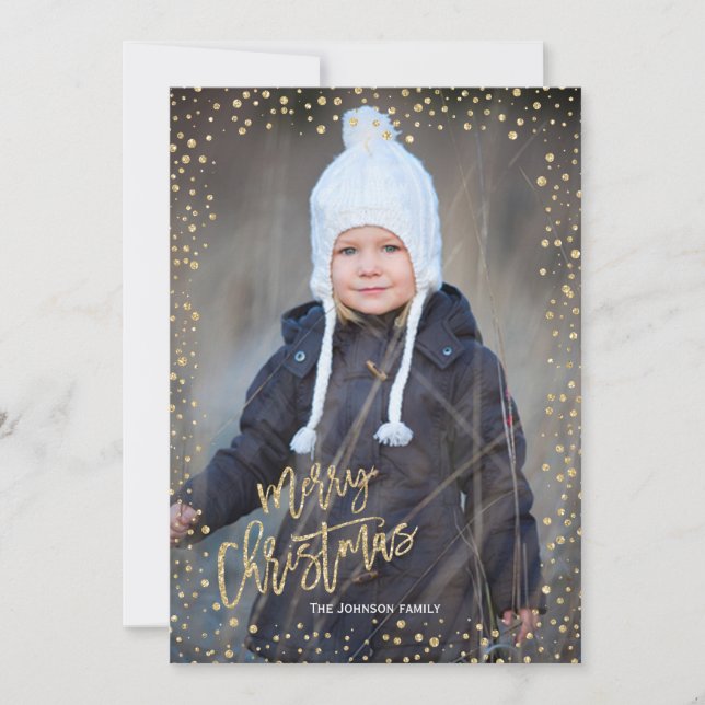 Modern gold dot with gold lettering Christmas Holiday Card (Front)