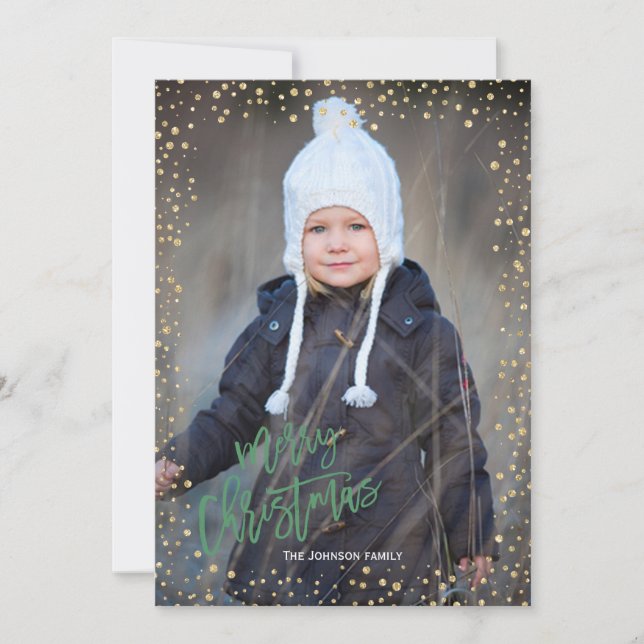 Modern gold dot with green lettering Christmas Holiday Card (Front)