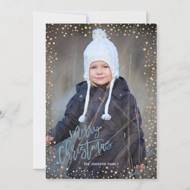 Modern gold dot with grey blue lettering Christmas Holiday Card (Front)