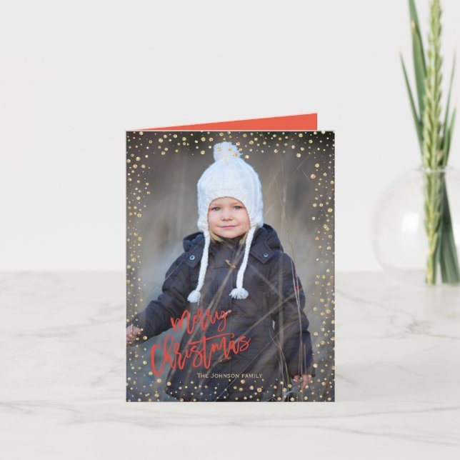 Modern gold dot with red lettering Christmas Holiday Card (Front)