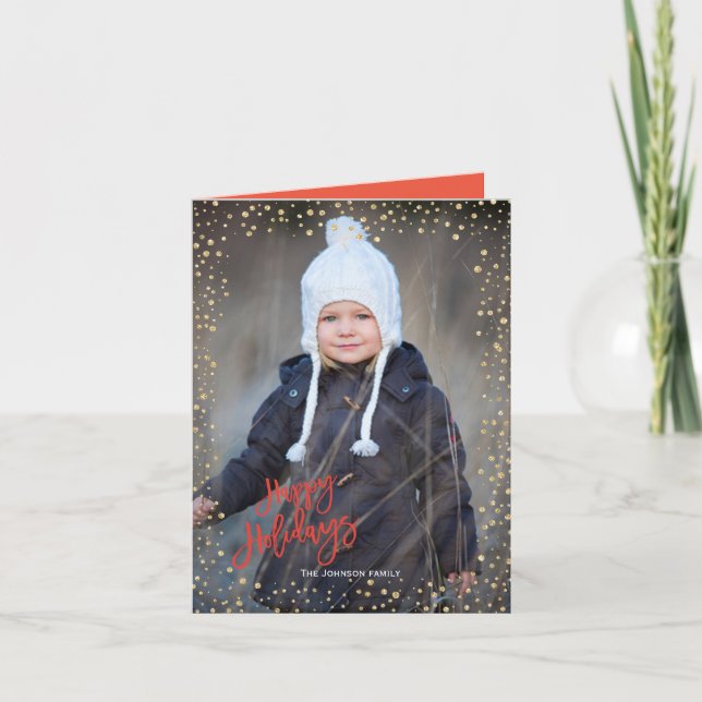 Modern gold dot with red lettering Happy Holidays Holiday Card (Front)