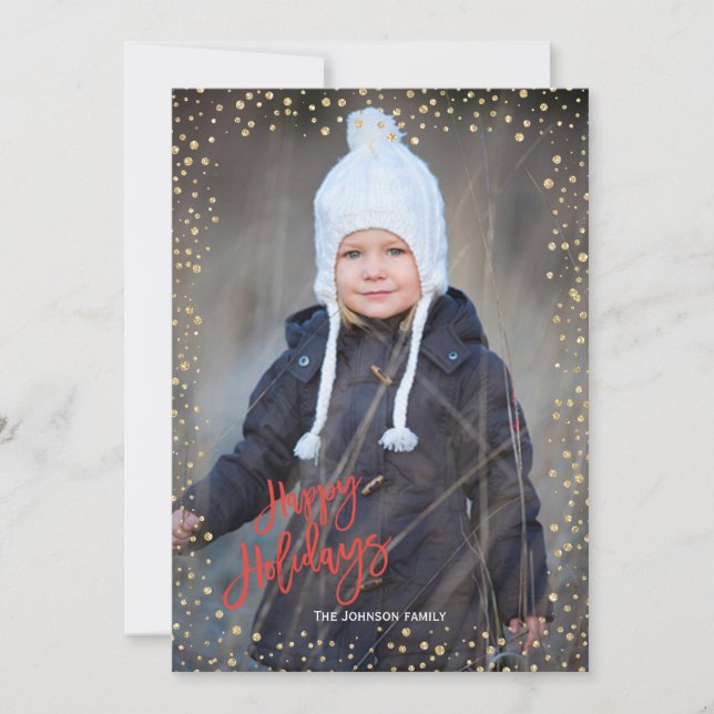 Modern gold dot with red lettering Happy Holidays Holiday Card (Front)
