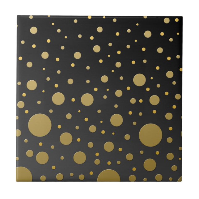 Modern Gold Dots on Black Background Tile (Front)