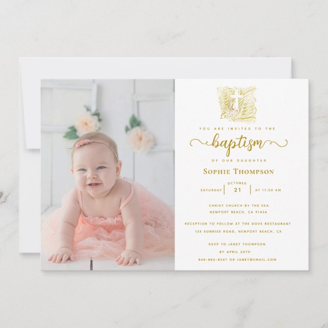 Modern Gold Dove Cross Religious Baptism Photo Invitation (Front)