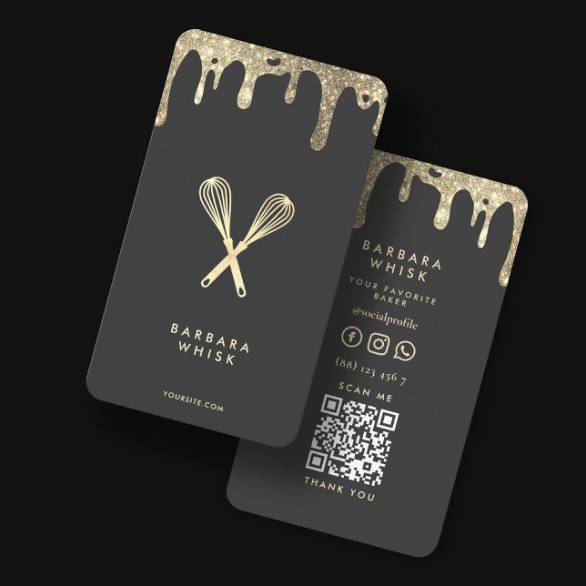 Modern Gold Drip Whisk Bakery Pastry Caterer Business Card (Creator Uploaded)