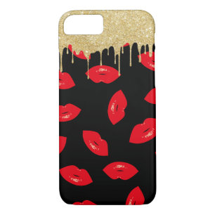 Modern Gold Dripping Red Lips Pattern Black Case-Mate iPhone Case