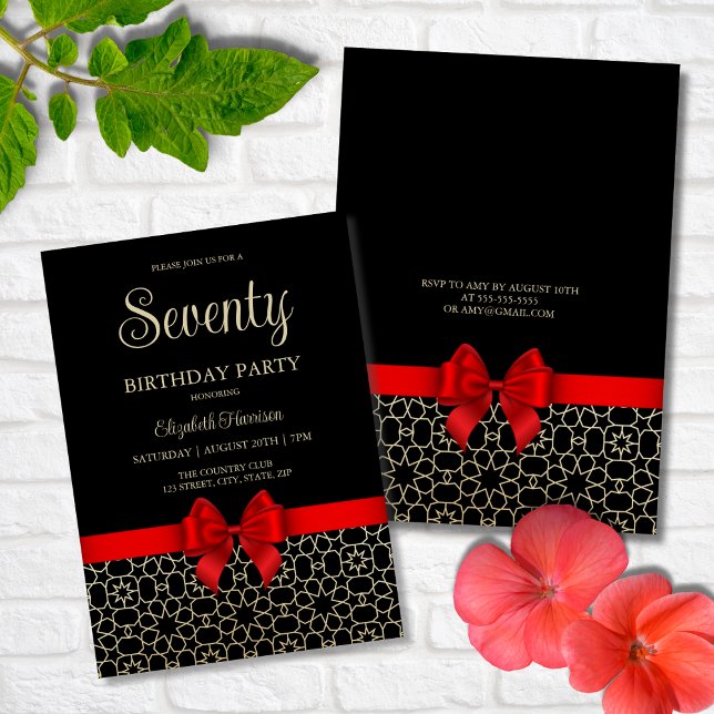 Modern Gold Egypt Geometric Red Bow 70th Birthday Invitation (Creator Uploaded)