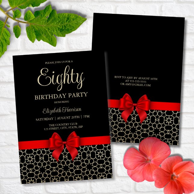 Modern Gold Egypt Geometric Red Bow 80th Birthday Invitation (Creator Uploaded)