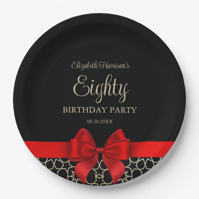 Modern Gold Egypt Geometric Red Bow 80th Birthday Paper Plate (Front)