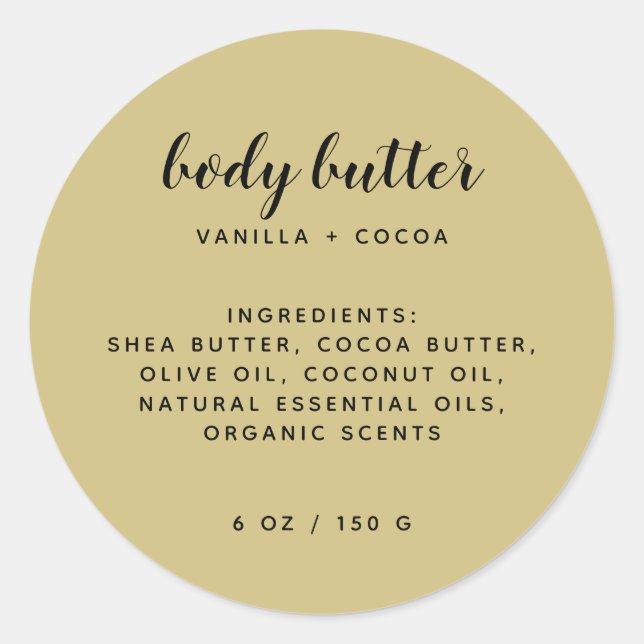 Modern gold elegant body butter ingredients list classic round sticker (Front)