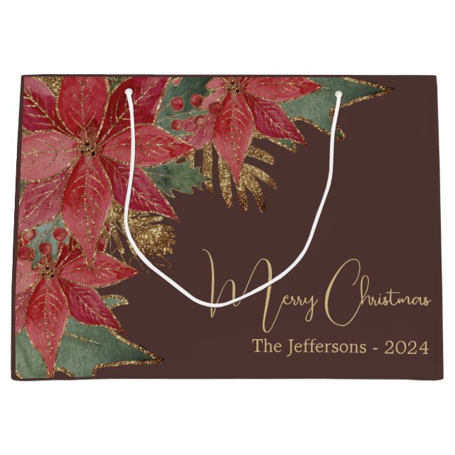 Modern Gold Elegant Red Poinsettia Merry Christmas Large Gift Bag (Front)
