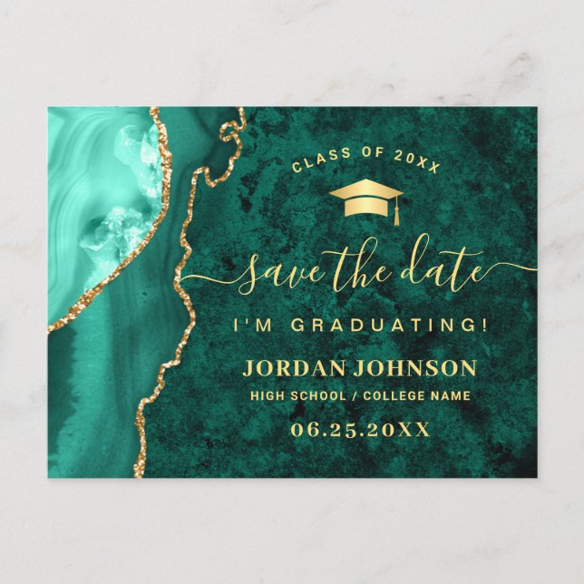 Modern Gold Emerald Green Graduation Save the Date Postcard (Front)