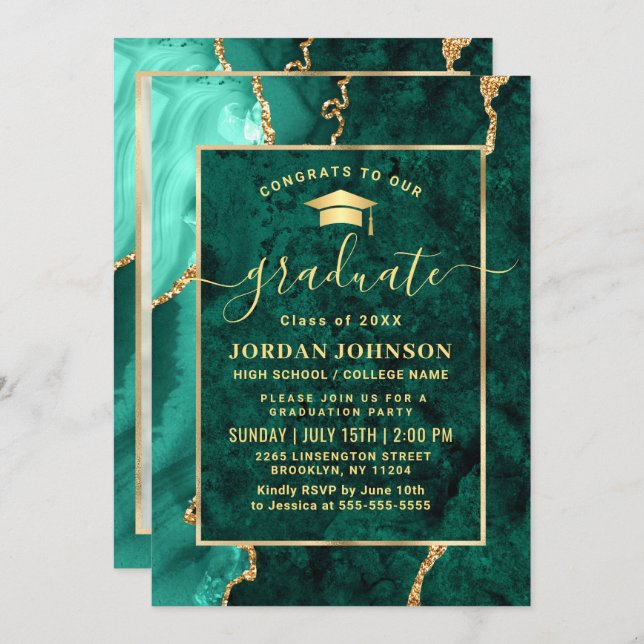 Modern Gold Emerald Green Marble Graduation Party Invitation (Front/Back)