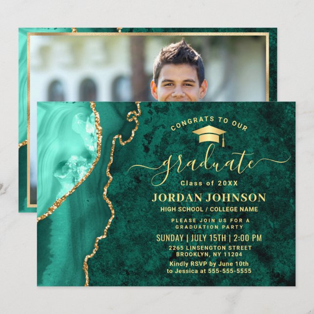 Modern Gold Emerald Green Marble Graduation Party Invitation (Front/Back)