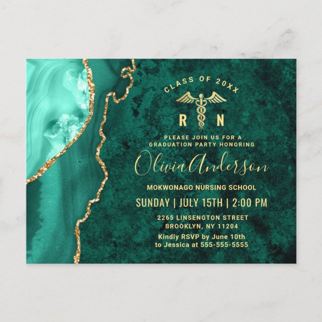 Modern Gold Emerald RN Graduation Party Invitation Postcard (Front)