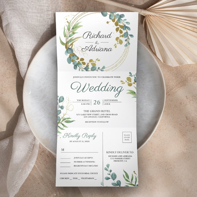 Modern Gold Eucalyptus Wreath All in One Wedding Tri-Fold Invitation (Creator Uploaded)