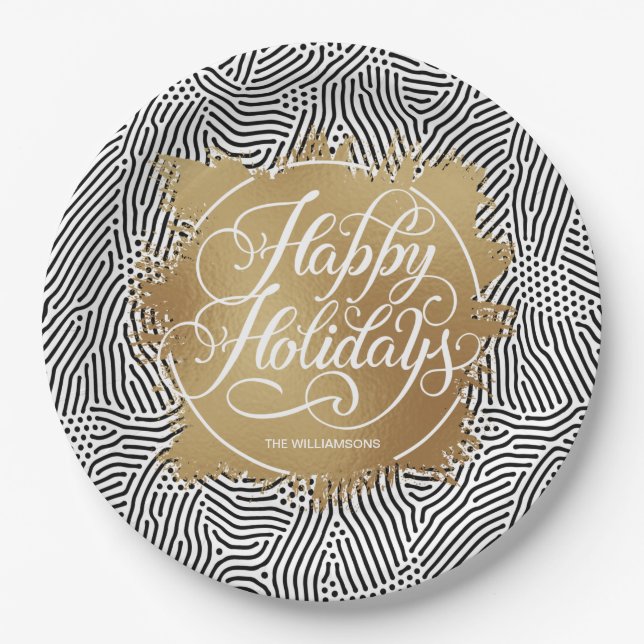 Modern Gold Faux Foil Happy Holidays Black Paper Plate (Front)