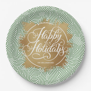 Modern Gold Faux Foil Happy Holidays Green Paper Plate