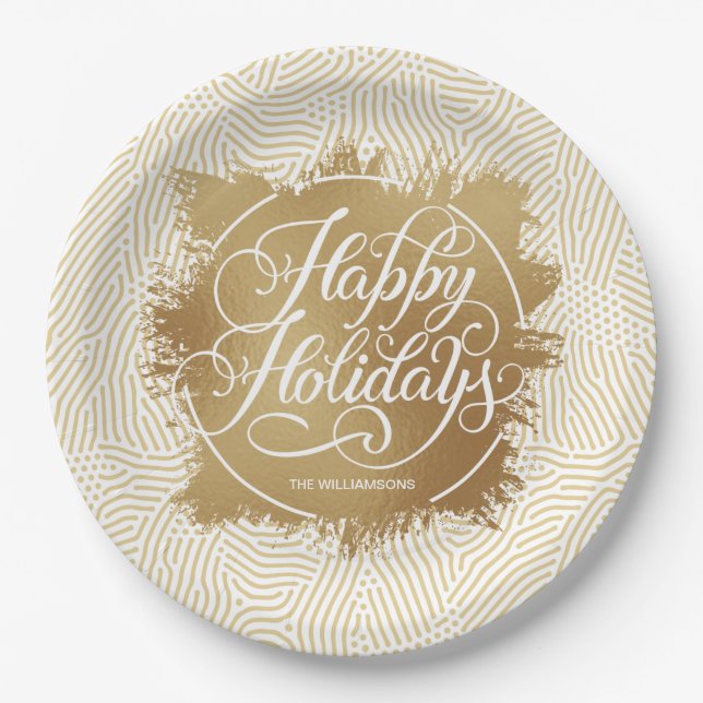 Modern Gold Faux Foil Happy Holidays Ivory Paper Plate (Front)