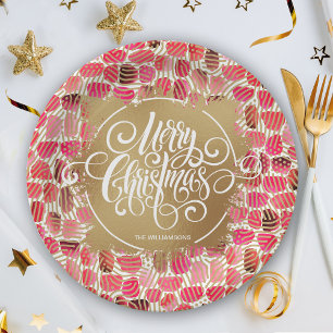 Modern Gold Faux Foil Merry Christmas Berry Paper Plate