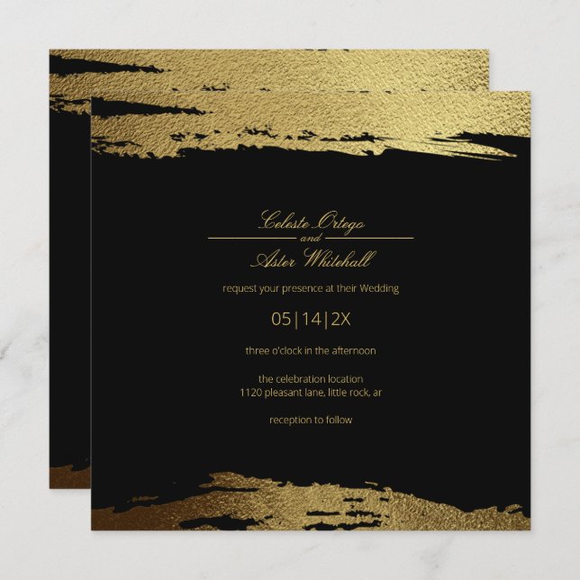 Modern Gold Faux Foil Paint Stroke Black Wedding Invitation (Front/Back)