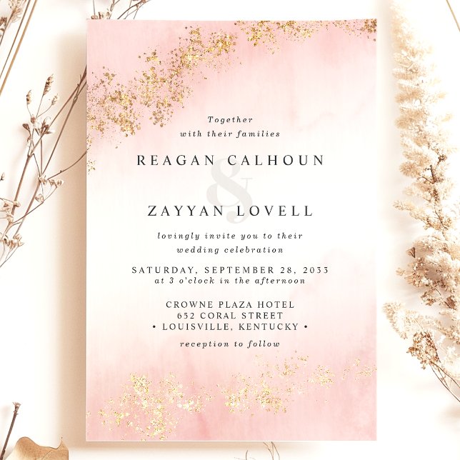 Modern Gold Flecks Blush Pink Watercolor Wedding Invitation (Creator Uploaded)