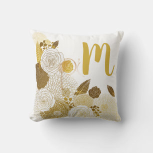 Modern Gold Floral and Monogram Throw Pillow