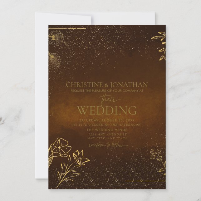 Modern Gold Floral | Brown Wedding  Invitation (Front)