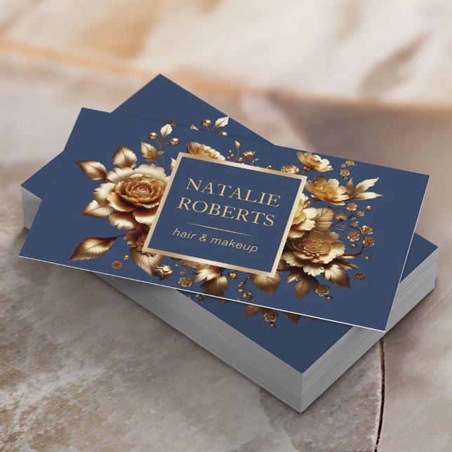 Modern Gold Floral Navy Blue Beauty Salon & SPA Business Card (Creator Uploaded)