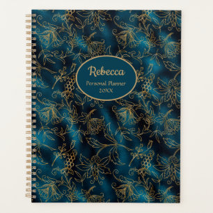 Modern Gold Floral Teal Blue Personalize Planner