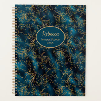 Modern Gold Floral Teal Blue Personalize Planner