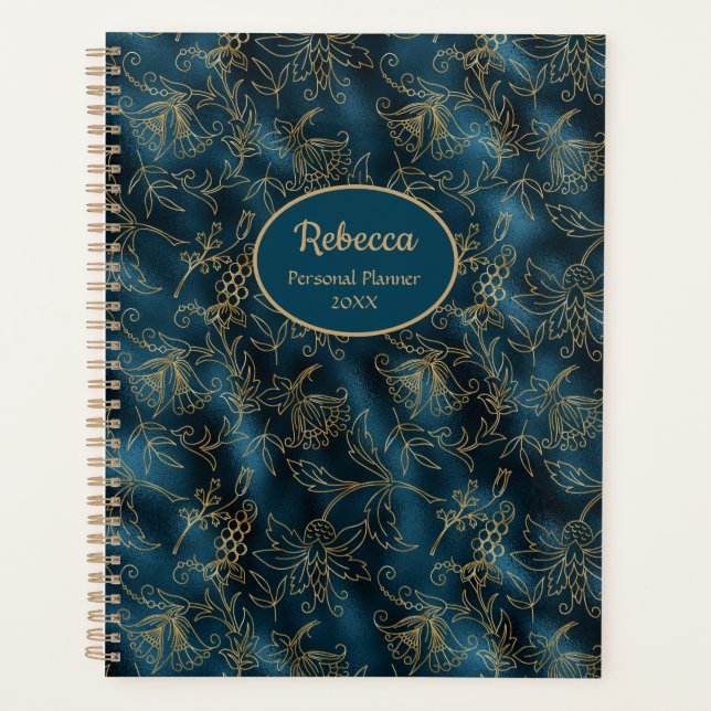 Modern Gold Floral Teal Blue Personalize Planner (Front)