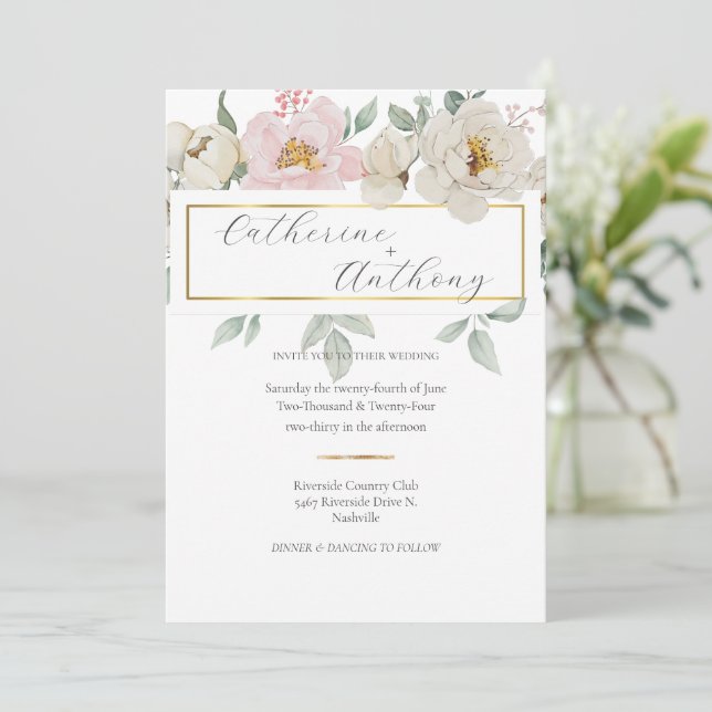 Modern Gold Floral Wedding  Invitation (Standing Front)