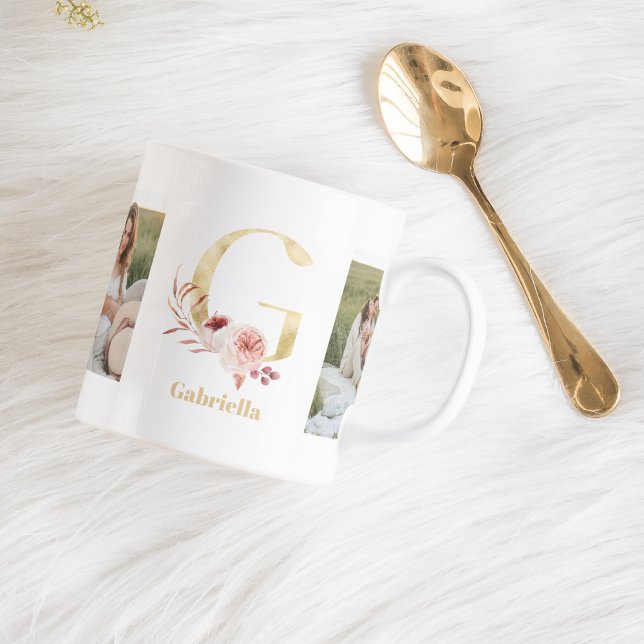 Modern Gold Flower Letter G | Two Photo Monogram Coffee Mug (Creator Uploaded)