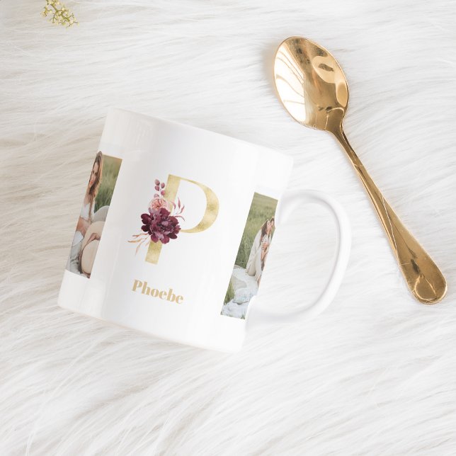 Modern Gold  Flower Letter P | Two Photo Monogram Coffee Mug (Creator Uploaded)
