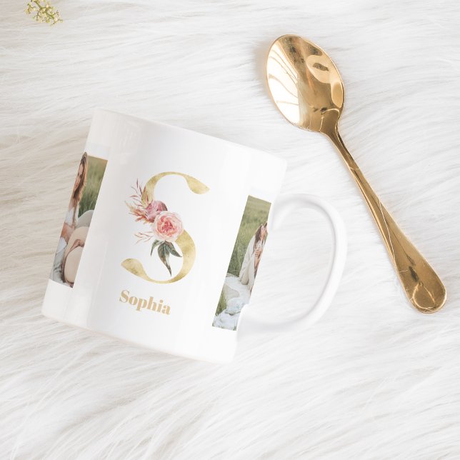 Modern Gold Flower Letter S | Two Photo Monogram Coffee Mug (Creator Uploaded)