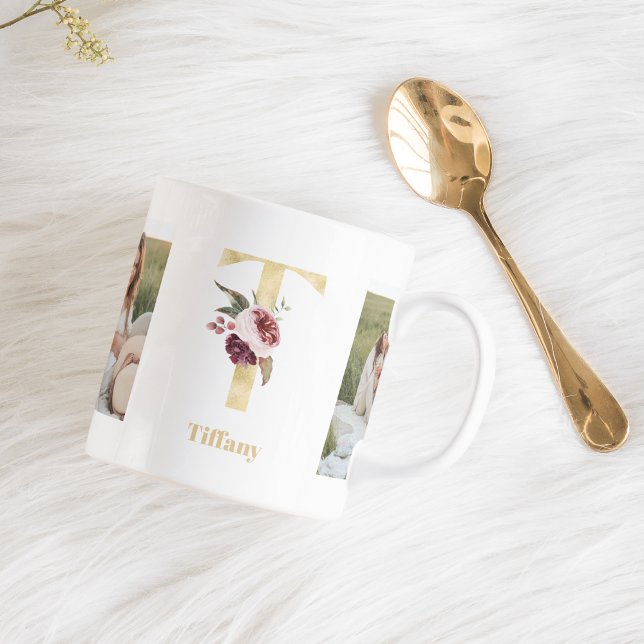 Modern Gold Flower Letter T | Two Photo Monogram Coffee Mug (Creator Uploaded)