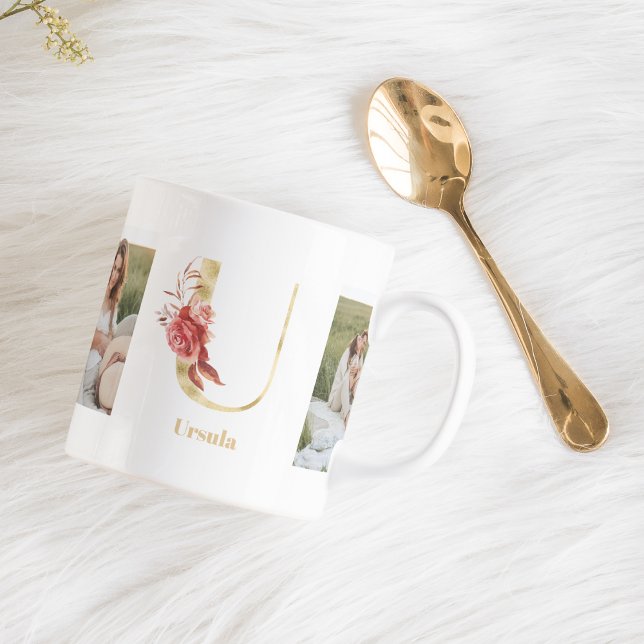 Modern Gold Flower Letter U | Two Photo Monogram Coffee Mug (Creator Uploaded)