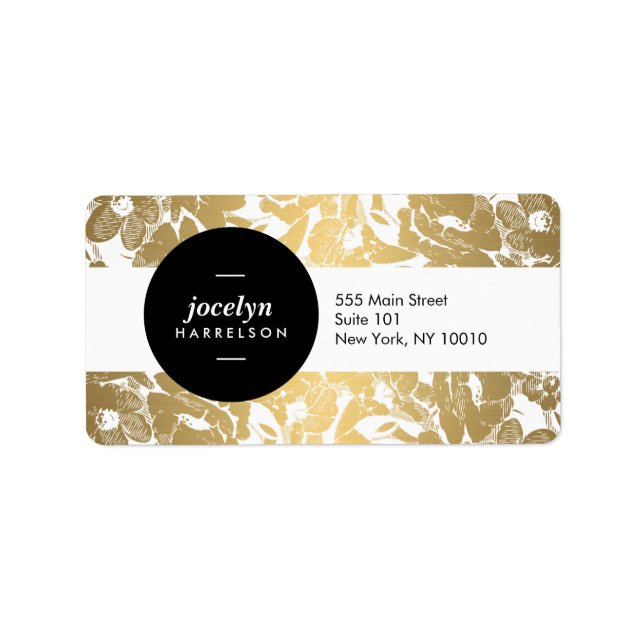 Modern Gold Flowers Black Circle Address Label (Front)