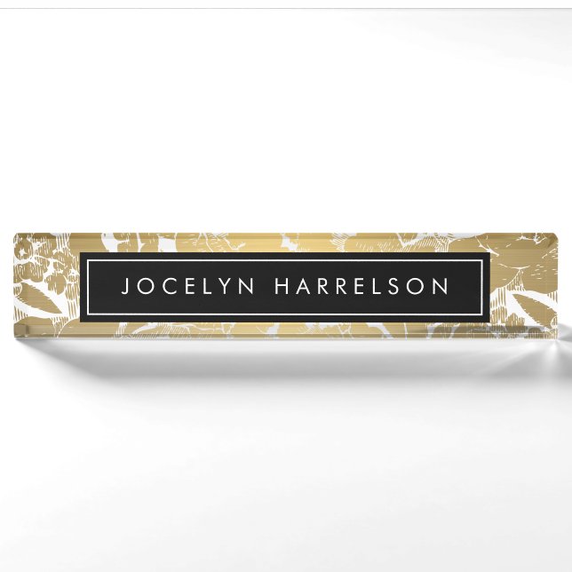 Modern Gold Flowers Black Circle Desk Nameplate (Front)