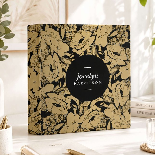Modern Gold Flowers on Black Personalized Binder (Creator Uploaded)