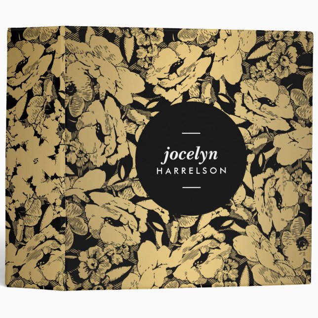 Modern Gold Flowers on Black Personalized Binder (Front/Spine)